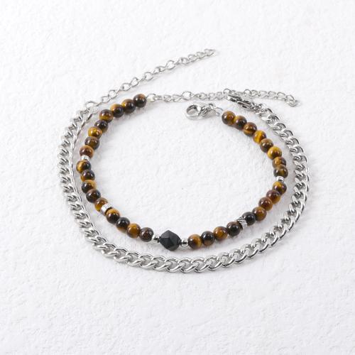 Bijoux bracelet en acier inoxydable, Acier inoxydable 304, avec oeil de tigre & Agate, avec 5cm chaînes de rallonge, poli, 2 pièces & bijoux de mode & pour homme, couleur originale, Longueur 19 cm, Vendu par fixé