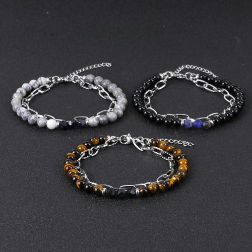 Edelstahl Schmuck Armband, 304 Edelstahl, mit Edelstein & Achat, mit Verlängerungskettchen von 5cm, Doppelschicht & verschiedenen Materialien für die Wahl & für den Menschen, originale Farbe, Länge 20 cm, verkauft von PC