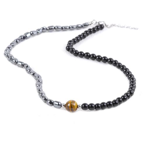 Natural Gemstone Necklace Black Stone with Tiger Eye & Hematite & 304 Stainless Steel with 5cm extender chain fashion jewelry & for man Length 50 cm Sold By PC