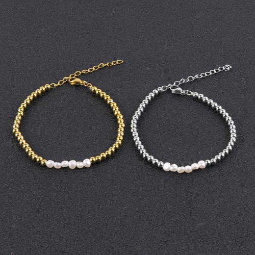 Stainless Steel Jewelry Bracelet 304 Stainless Steel with Plastic Pearl with 5cm extender chain plated fashion jewelry & for woman Length 17 cm Sold By PC