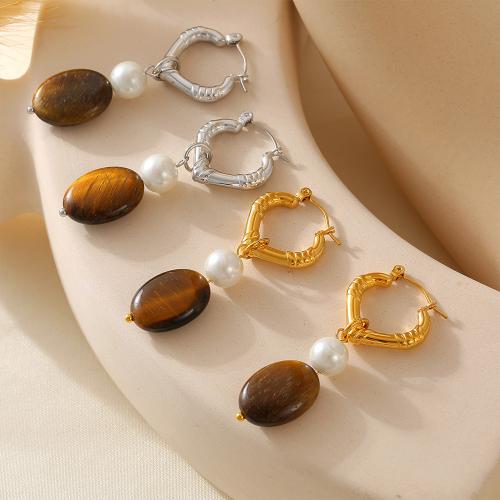 Stainless Steel Lever Back Earring 304 Stainless Steel with Tiger Eye & Plastic Pearl plated fashion jewelry & for woman Sold By Pair