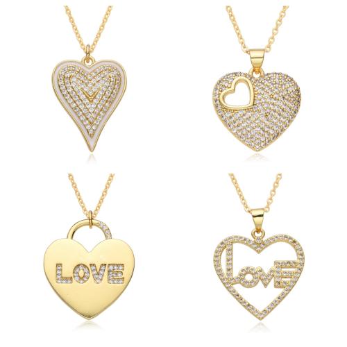 Cubic Zircon Micro Pave Brass Necklace Heart plated & micro pave cubic zirconia & for woman golden Length Approx 41-50 cm Sold By PC