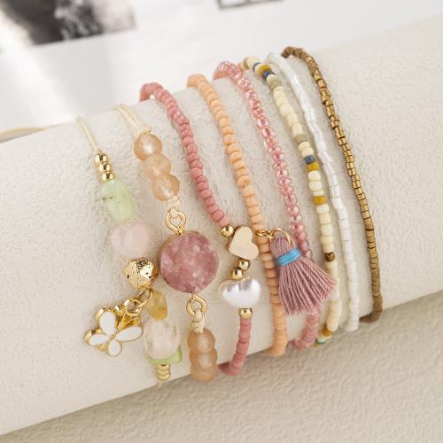 Zinklegering armbandkettingen, Zinc Alloy, met Katoen draad & Seedbead & Edelsteen & Plastic Pearl, handgemaakt, 8 stuks & voor vrouw & glazuur, gemengde kleuren, Verkocht door Stel