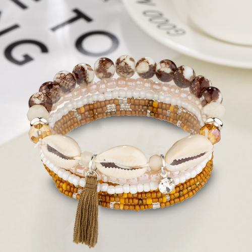 Zinc Alloy Bracelet with Cotton Thread & Seedbead & Shell & Crystal & Glass & Plastic Pearl handmade 7 pieces & micro pave cubic zirconia & for woman mixed colors Sold By Set