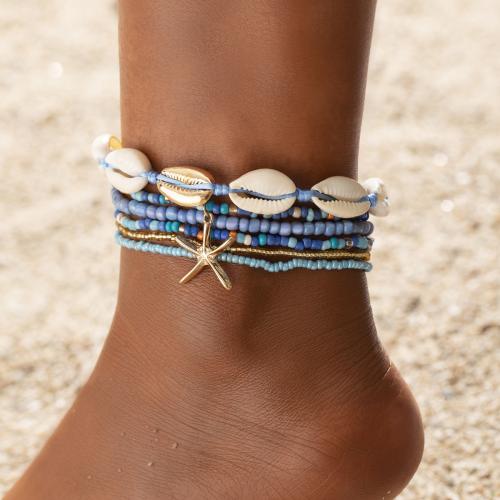 Zinc Alloy Anklet with Seedbead & Shell 6 pieces & for woman mixed colors Sold By Set