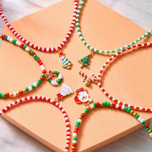 Christmas Necklaces Seedbead with Zinc Alloy plated & for woman & enamel & with rhinestone Sold By PC