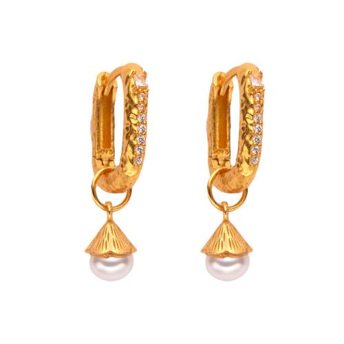 925 Sterling Silver Huggie Hoop Drop Earring with Freshwater Pearl gold color plated for woman & with rhinestone Sold By Pair