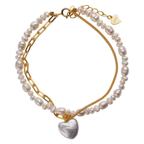 Argent sterling 925 bracelet, avec perle d'eau douce cultivée, avec 3cm chaînes de rallonge, coeur, Placage de couleur d'or, Double couche & pour femme, Longueur Environ 17 cm, Vendu par PC