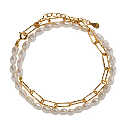 925 Sterling Silver Bracelet with Freshwater Pearl gold color plated Double Layer & for woman Length Approx 18 cm Sold By PC