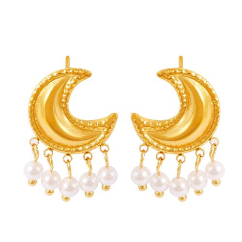 Titanium Steel  Earring with Plastic Pearl Moon fashion jewelry & for woman golden Sold By Pair