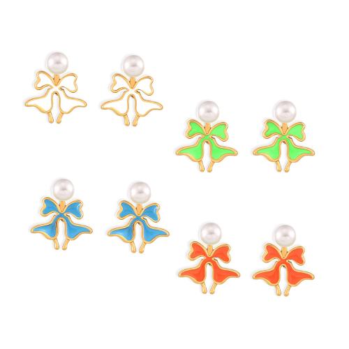 Titanium Steel  Earring with Plastic Pearl Bowknot plated fashion jewelry & for woman & enamel Sold By Pair