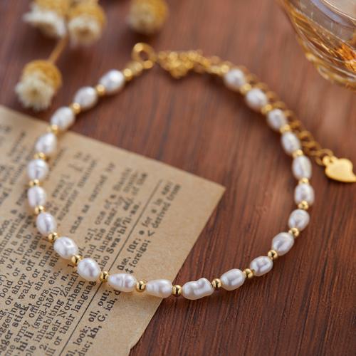 925 Sterling Silver Bracelet with Freshwater Pearl with 5cm extender chain gold color plated fashion jewelry & for woman Length Approx 15 cm Sold By PC