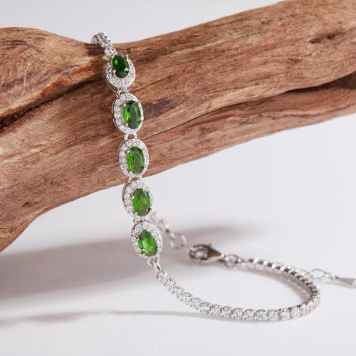 925 Sterling Silver Narukvica, s Diopside, s 3cm Produžetak lanac, za žene & s Rhinestone, srebro, Dužina Približno 17 cm, Prodano By PC