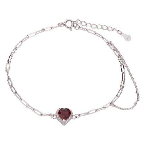 925 Sterling Silver Bracelet, le Garnet, le 3cm slabhra extender, Croí, do bhean & le rhinestone, airgid, Fad Thart 17 cm, Díolta De réir PC