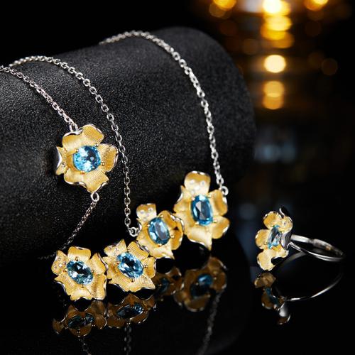 925 Sterling Silver Jewelry Set with Gemstone Flower & for woman & with rhinestone Sold By PC