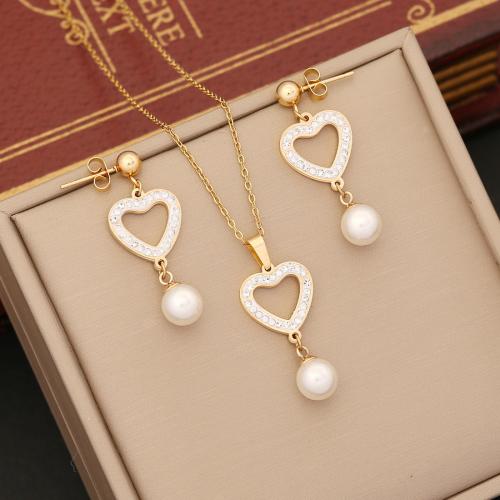 Rhinestone Stainless Steel Jewelry Set earring & necklace 304 Stainless Steel with Plastic Pearl with 5cm extender chain 2 pieces & fashion jewelry & for woman & with rhinestone golden Length Approx 40 cm Sold By Set