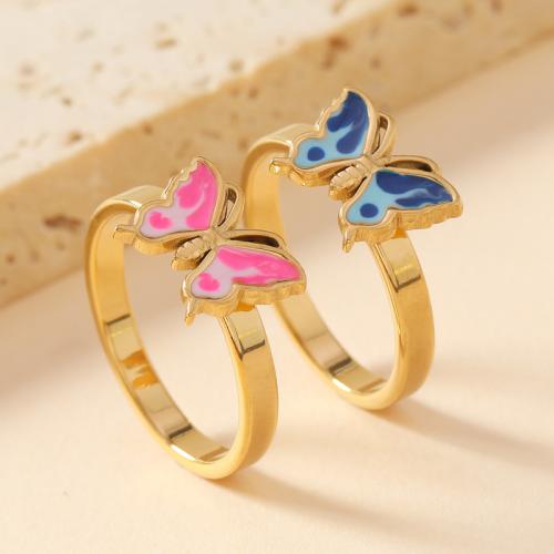 Enamel Stainless Steel Finger Ring 304 Stainless Steel Butterfly & for woman Sold By PC