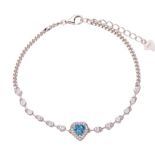 Plata de ley 925 Pulsera, con Piedras preciosas, con 3cm extender cadena, Corazón, diferentes materiales para la opción & para mujer & con diamantes de imitación, plateado, longitud aproximado 16 cm, Vendido por UD