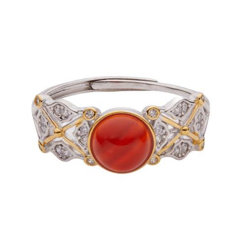 925 sterling silver Cuff finger ring, med Red Agate, Geometriskt mönster, för kvinna & med strass & ihålig, Storlek:7, Säljs av PC