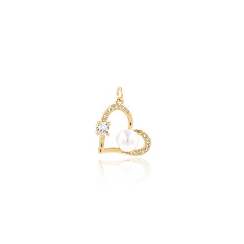 Cubic Zirconia Micro Pave Brass Pendant with Plastic Pearl Heart gold color plated DIY & micro pave cubic zirconia nickel lead & cadmium free Sold By PC