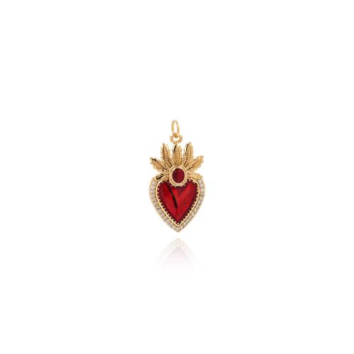 Cubic Zirconia Micro Pave Brass Pendant Heart gold color plated DIY & micro pave cubic zirconia red nickel lead & cadmium free Sold By PC