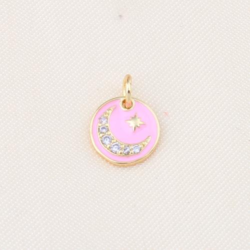 Cubic Zirconia Micro Pave Brass Pendant Round gold color plated DIY & micro pave cubic zirconia & enamel pink nickel lead & cadmium free Sold By PC