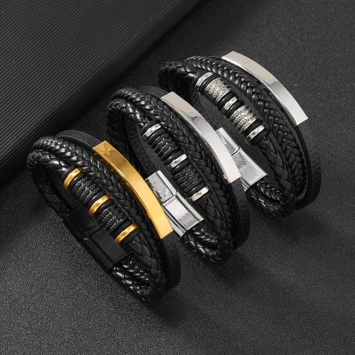 PU leder koord armbanden, met 304 roestvrij staal & Zinc Alloy, handgemaakt, drie lagen & verschillende lengte voor keuze & verschillende stijlen voor de keuze & voor de mens, Verkocht door PC