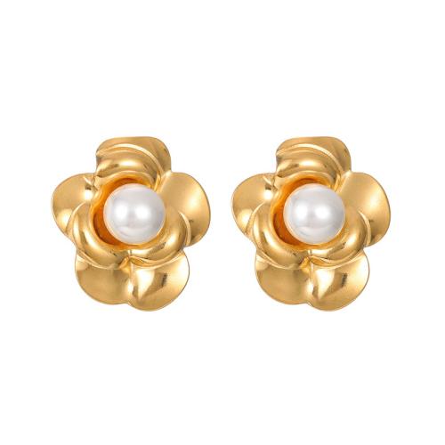 Roestvrij staal Stud Earrings, 304 roestvrij staal, met Plastic Pearl, Bloem, mode sieraden & voor vrouw, gouden, Verkocht door pair