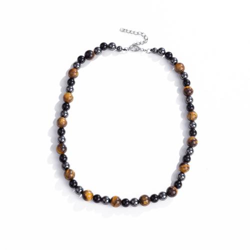 Collier bijoux de pierre gemme, oeil de tigre, avec Obsidienne & hématite non magnétique, pour homme, Longueur 45 cm, Vendu par PC