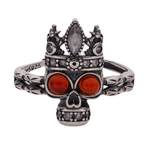 925 Sterling Silver Cuff Finger Ring with Red Agate Skull vintage & for woman & with rhinestone US Ring Sold By PC