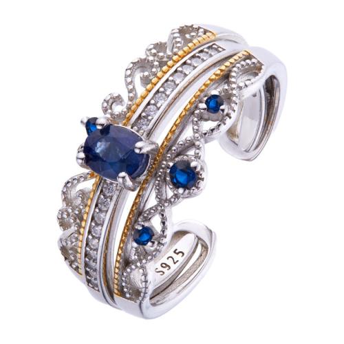 925 sterling zilver Manchet Finger Ring, met Sapphire, Kroon, Vintage & voor vrouw & met strass, Maat:7, Verkocht door PC