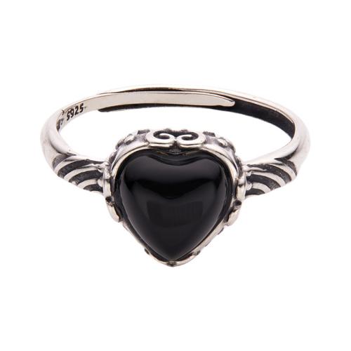 925 Sterling Silver Cuff Finger Ring with Black Agate Heart vintage & for woman US Ring Sold By PC