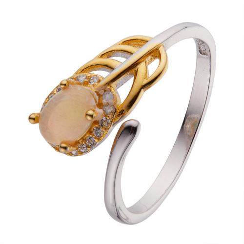 925 de prata esterlina Cuff Ring Finger, with Opala, para mulher & com strass & vazio, tamanho:7, vendido por PC