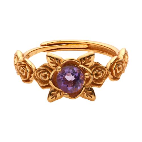 925 Sterling Silver Cuff Finger Ring with Amethyst Flower gold color plated fashion jewelry & for woman US Ring Sold By PC