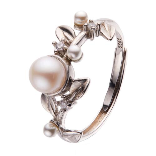 925 Sterling Silver Chufa Ring Finger, le Pearl Fionnuisce, Leaf, inchoigeartaithe & do bhean & le rhinestone, airgid, Méid:7, Díolta De réir PC