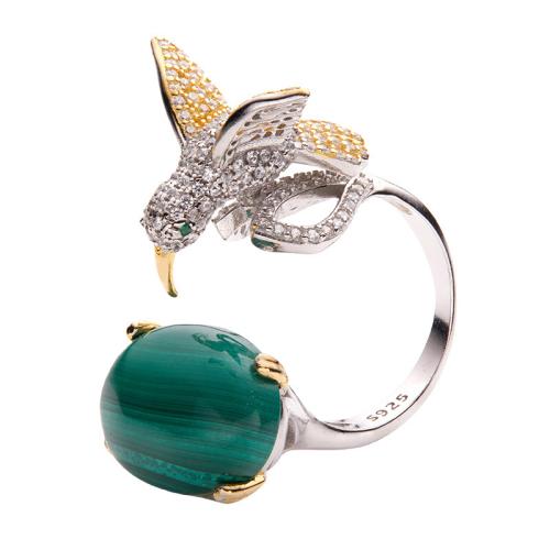 925 sterling zilver Manchet Finger Ring, met Malachiet, Hummingbird, voor vrouw & met strass, Maat:7, Verkocht door PC