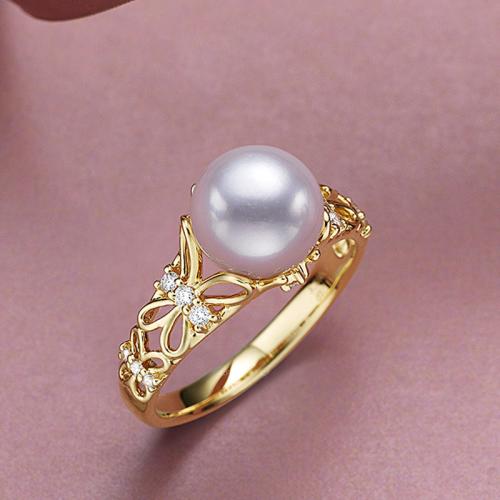 Messing fingerring, med Plastic Pearl, mode smykker & for kvinde & med rhinestone, gylden, Inner diameter 17mm, Solgt af PC