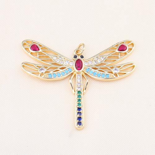 Terningformet Zirkon Micro Pave Messing vedhæng, Dragonfly, guldfarve belagt, du kan DIY & Micro Pave cubic zirconia & emalje, flere farver til valg, nikkel, bly & cadmium fri, 36x45x3mm, Solgt af PC