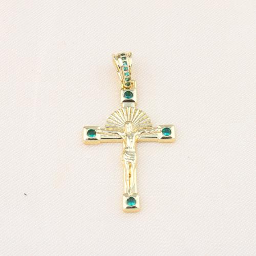 Cubic Zirconia Micro Pave Brass Pendant Cross gold color plated DIY & micro pave cubic zirconia green nickel lead & cadmium free Sold By PC