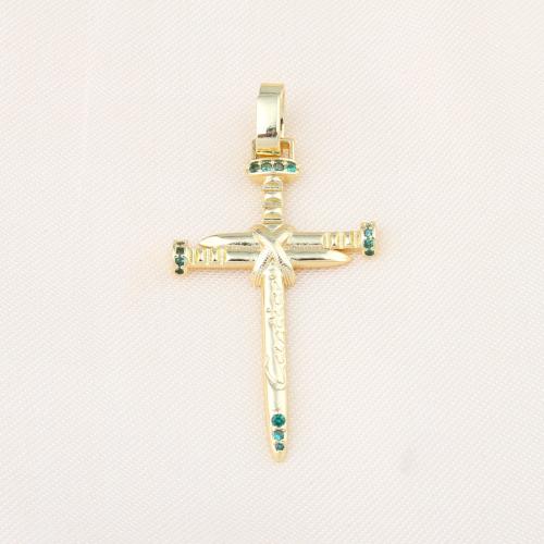 Cubic Zirconia Micro Pave Brass Pendant Cross gold color plated DIY & micro pave cubic zirconia green nickel lead & cadmium free Sold By PC