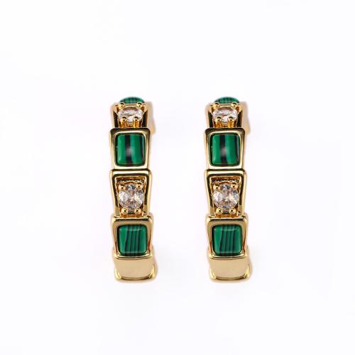 Brass Stud Earring with Malachite 18K gold plated micro pave cubic zirconia & for woman Sold By Pair