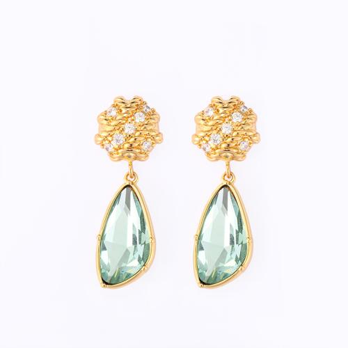 Brass Drop Earring with Glass Geometrical Pattern 18K gold plated for woman & with rhinestone Sold By Pair