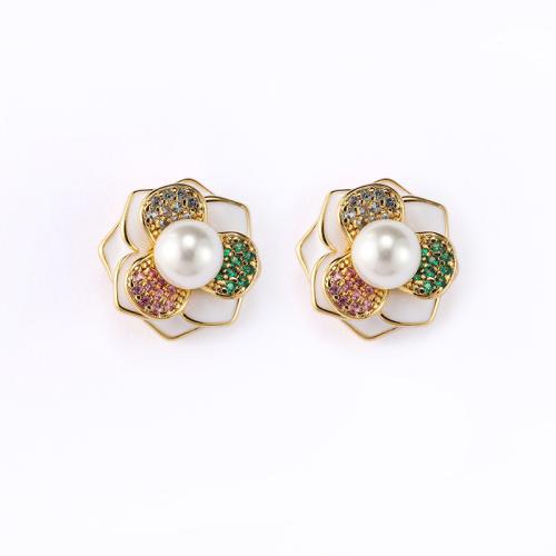 Mässing Stud Earring, med Plast Pearl, Blomma, 18K guldpläterad, micro bana cubic zirconia & för kvinna & emalj, 15x15mm, Säljs av Par