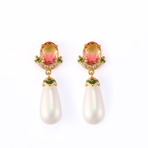 Messing Drop Earring, met Shell Pearl & Glas, 18K verguld, voor vrouw & glazuur & met strass, 37x14mm, Verkocht door pair