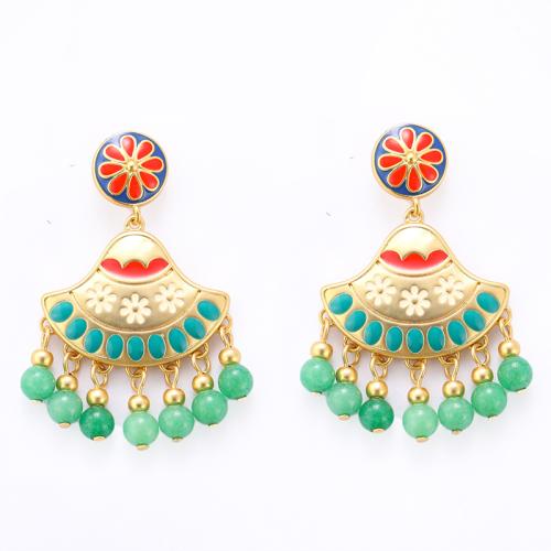 Brass Tassel Earring with Natural Stone 18K gold plated with flower pattern & for woman & enamel Sold By Pair