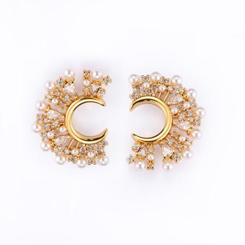 Mässing Stud Earring, med Plast Pearl, Blomma, 18K guldpläterad, för kvinna & med strass, 23x17mm, Säljs av Par