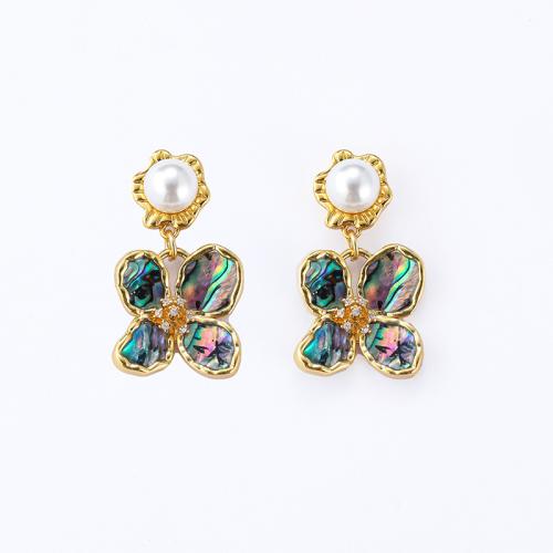 Messing Drop Earring, med Shell Pearl & Abalone Shell, Flower, 18K forgyldt, for kvinde & med rhinestone, 32x20mm, Solgt af par