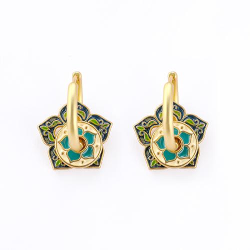 Brass Huggie Hoop Drop Earring Flower 18K gold plated Bohemian style & for woman & enamel Sold By Pair