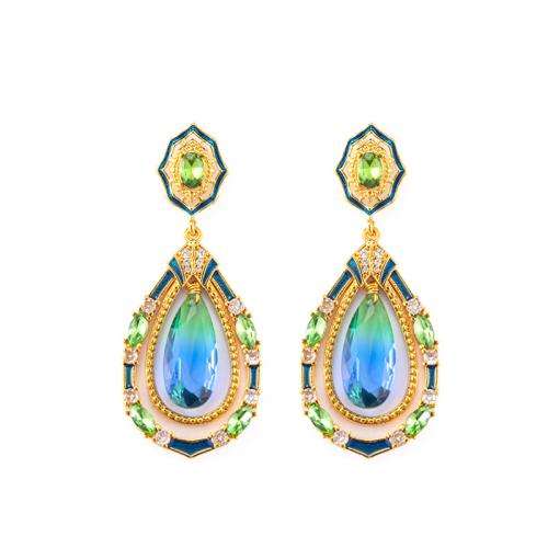 Brass Drop Earring with Glass Teardrop 18K gold plated for woman & enamel & with rhinestone & hollow Sold By Pair