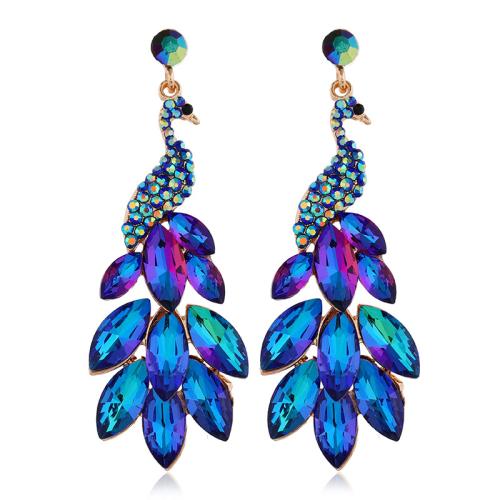 Zinc Alloy Drop Earring, med Krystal, Peacock, forgyldt, for kvinde & med rhinestone, flere farver til valg, 26x73mm, Solgt af par